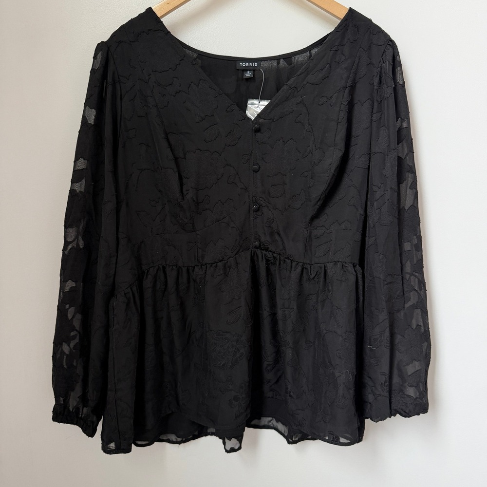 Torrid Black Floral Lace Peplum Top V-Neck Long Sleeve Plus Size 3 3X NEW